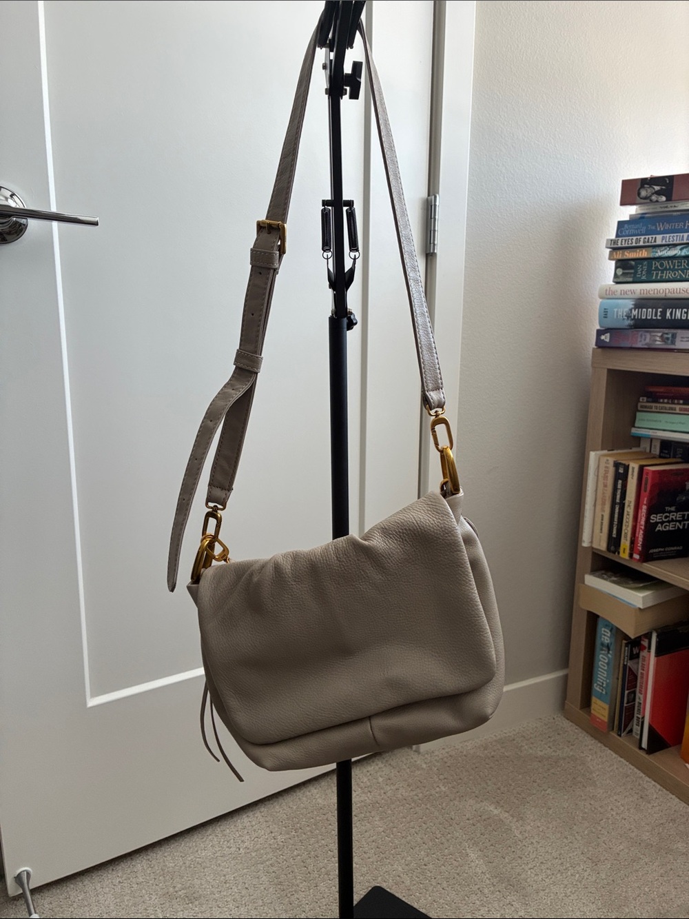 HOBO Taupe Leather Pebbled Shoulder Bag with Gold Hardware
